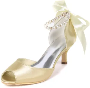 Women's Open Toe Satin Wedding Shoes for Bride Pearl Heeled Bridal Shoes Evening Party Dress Pumps White