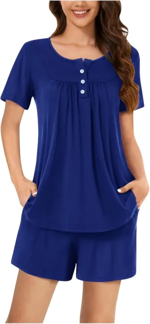 Women's Pajama Sets 2 Piece Short Sleeve Casual Summer Loungewear Top And Shorts Outfits Sleepwear With Pockets