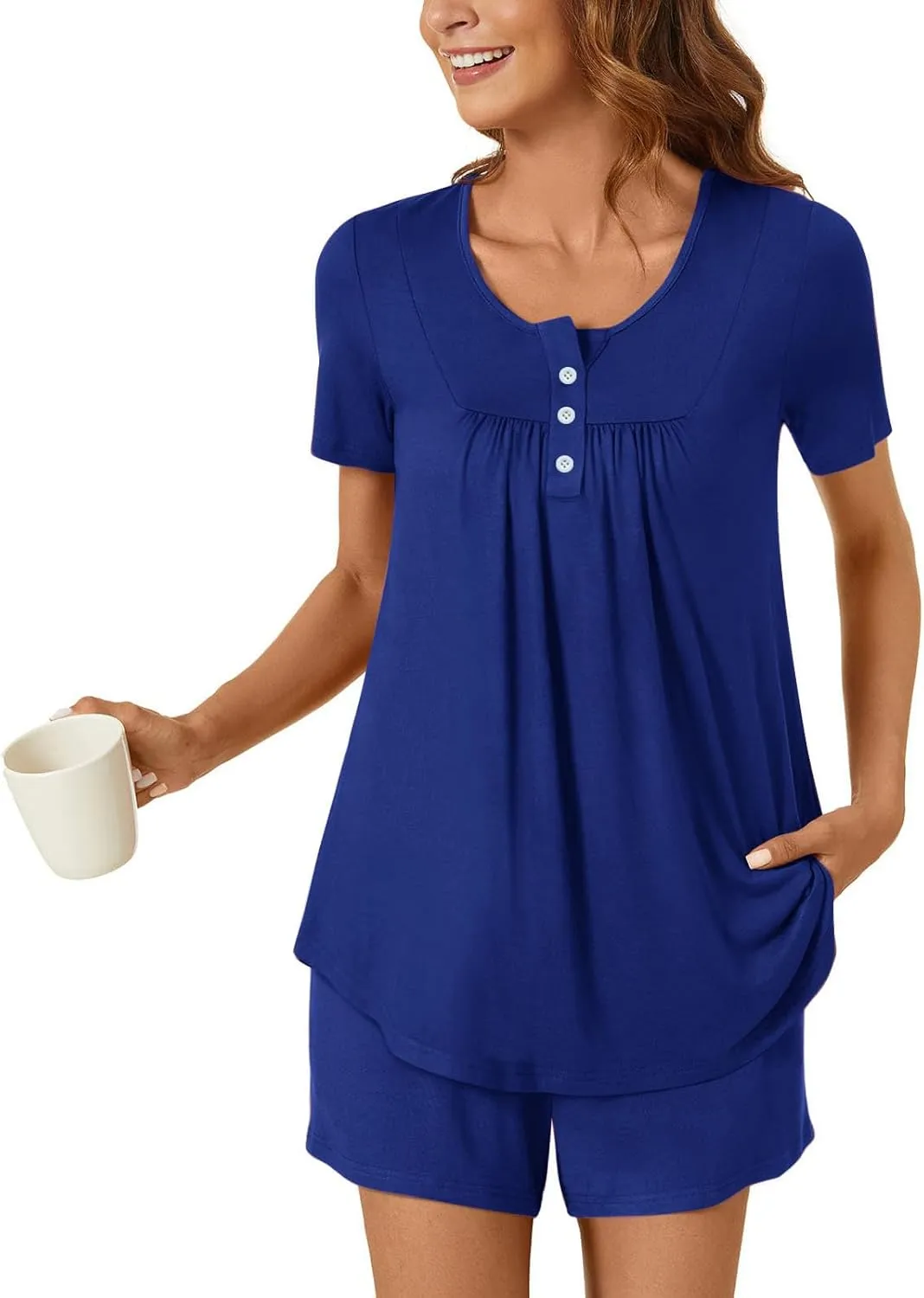 Women's Pajama Sets 2 Piece Short Sleeve Casual Summer Loungewear Top And Shorts Outfits Sleepwear With Pockets