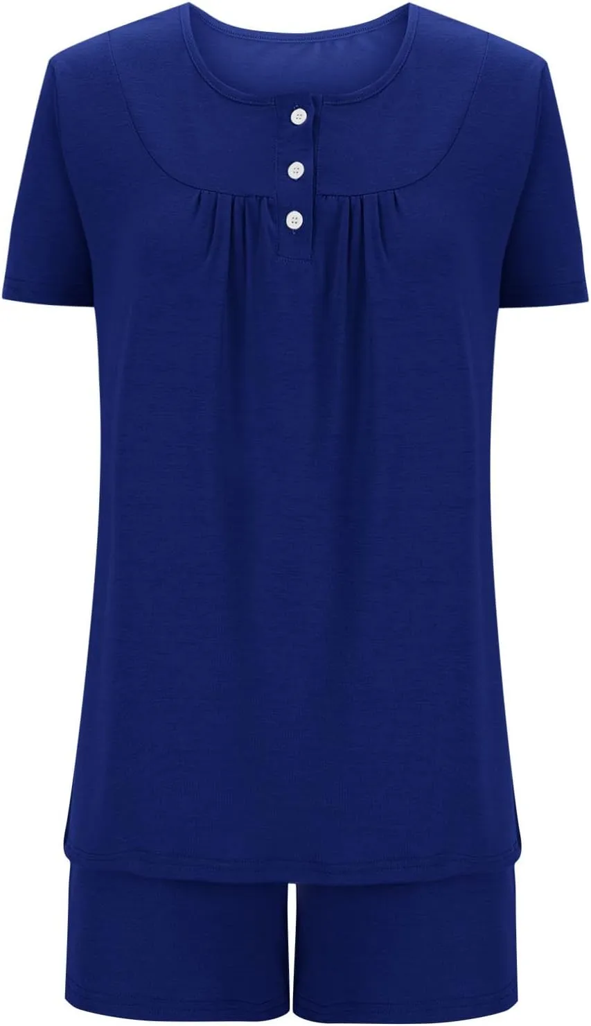 Women's Pajama Sets 2 Piece Short Sleeve Casual Summer Loungewear Top And Shorts Outfits Sleepwear With Pockets