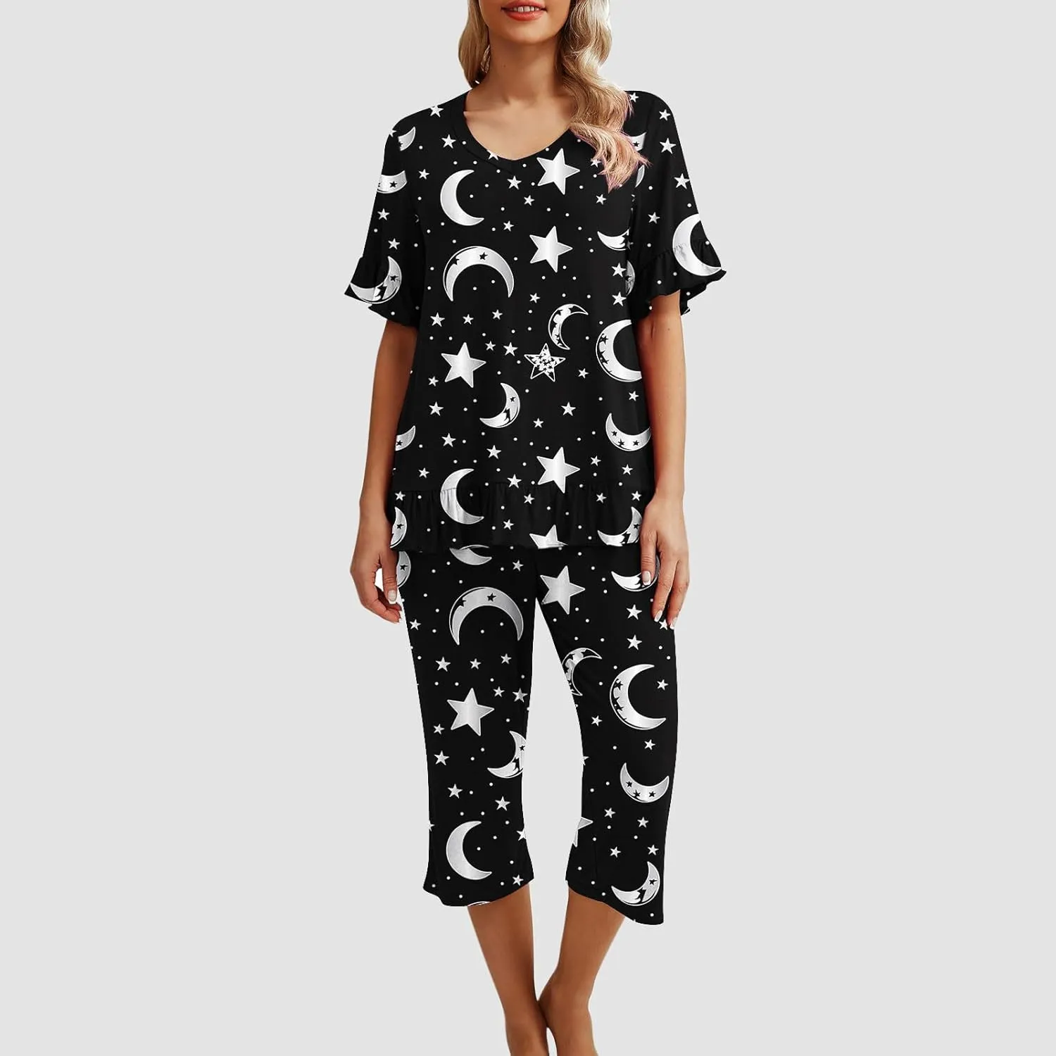 Womens Pajama Sets Casual V Neck Ruffle Sleeve Sleepwear Top And Capri Pants 2 Piece Pjs Set Loose Fit Outfits