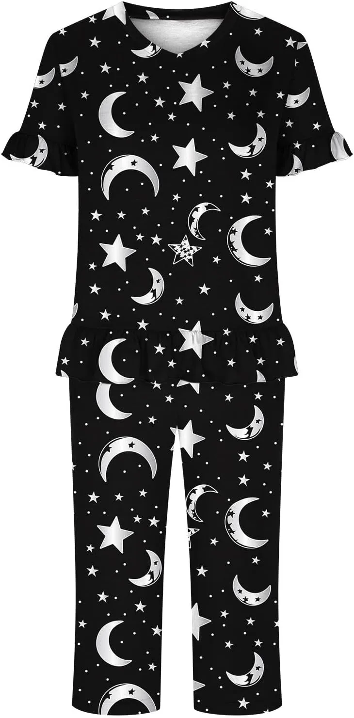 Womens Pajama Sets Casual V Neck Ruffle Sleeve Sleepwear Top And Capri Pants 2 Piece Pjs Set Loose Fit Outfits