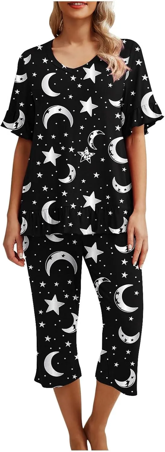 Womens Pajama Sets Casual V Neck Ruffle Sleeve Sleepwear Top And Capri Pants 2 Piece Pjs Set Loose Fit Outfits