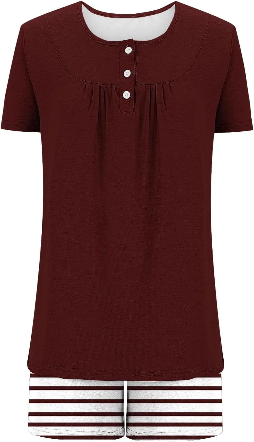 Womens Pajamas Set Short Sleeve Top And Shorts Soft Sleepwear 2 Piece Casual Loose Lounge Pjs Sets Ladies Outfits