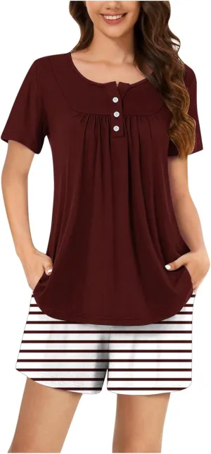Womens Pajamas Set Short Sleeve Top And Shorts Soft Sleepwear 2 Piece Casual Loose Lounge Pjs Sets Ladies Outfits