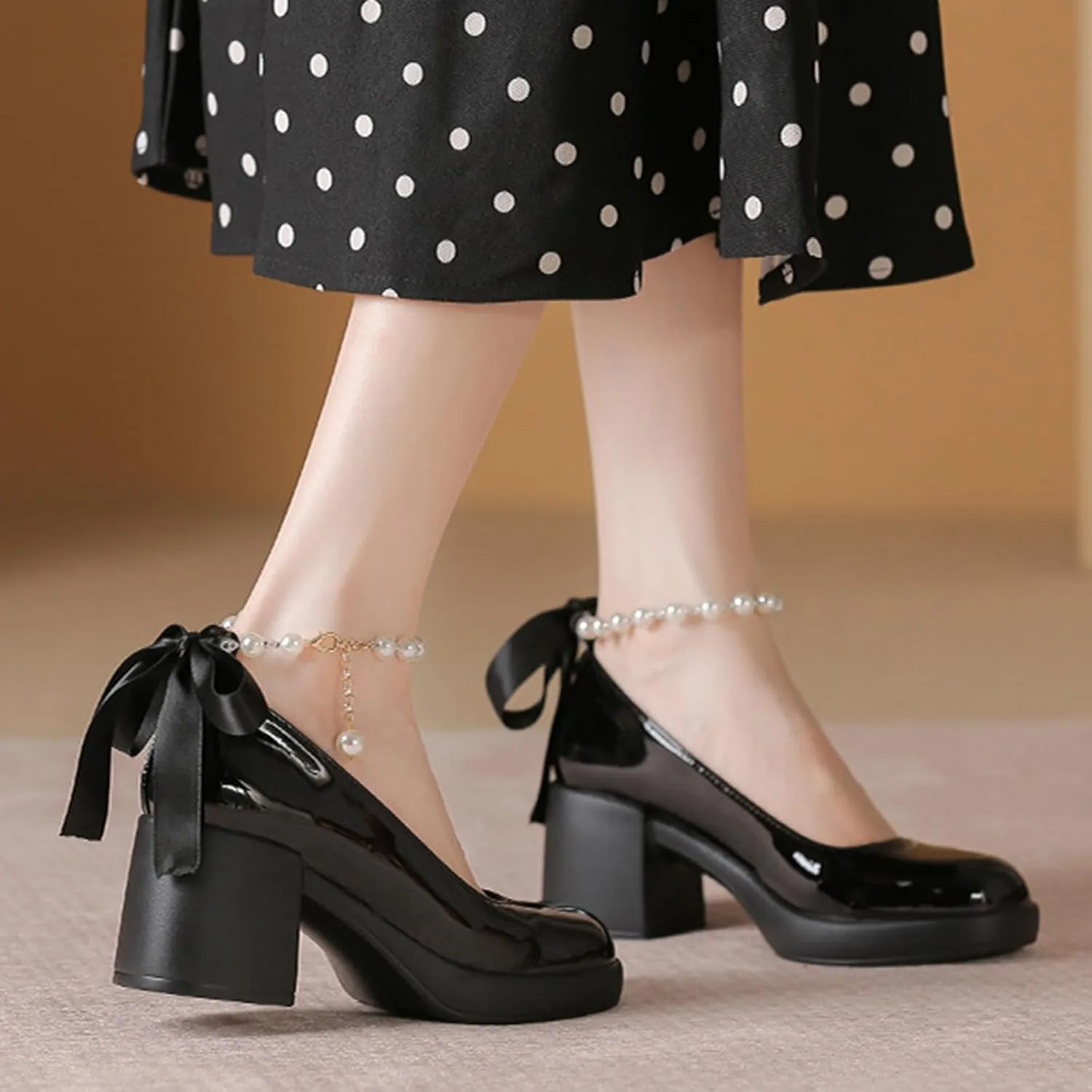Women's Patent Leather Ribbon Bow Chunky Heel Pumps with Pearl Ankle Strap Fashion Round Toe Shallow Mouth High Block Heels Comfortable Casual Business Wedding Dress Shoes