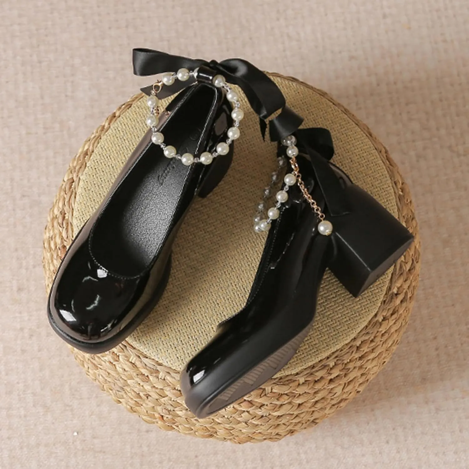 Women's Patent Leather Ribbon Bow Chunky Heel Pumps with Pearl Ankle Strap Fashion Round Toe Shallow Mouth High Block Heels Comfortable Casual Business Wedding Dress Shoes