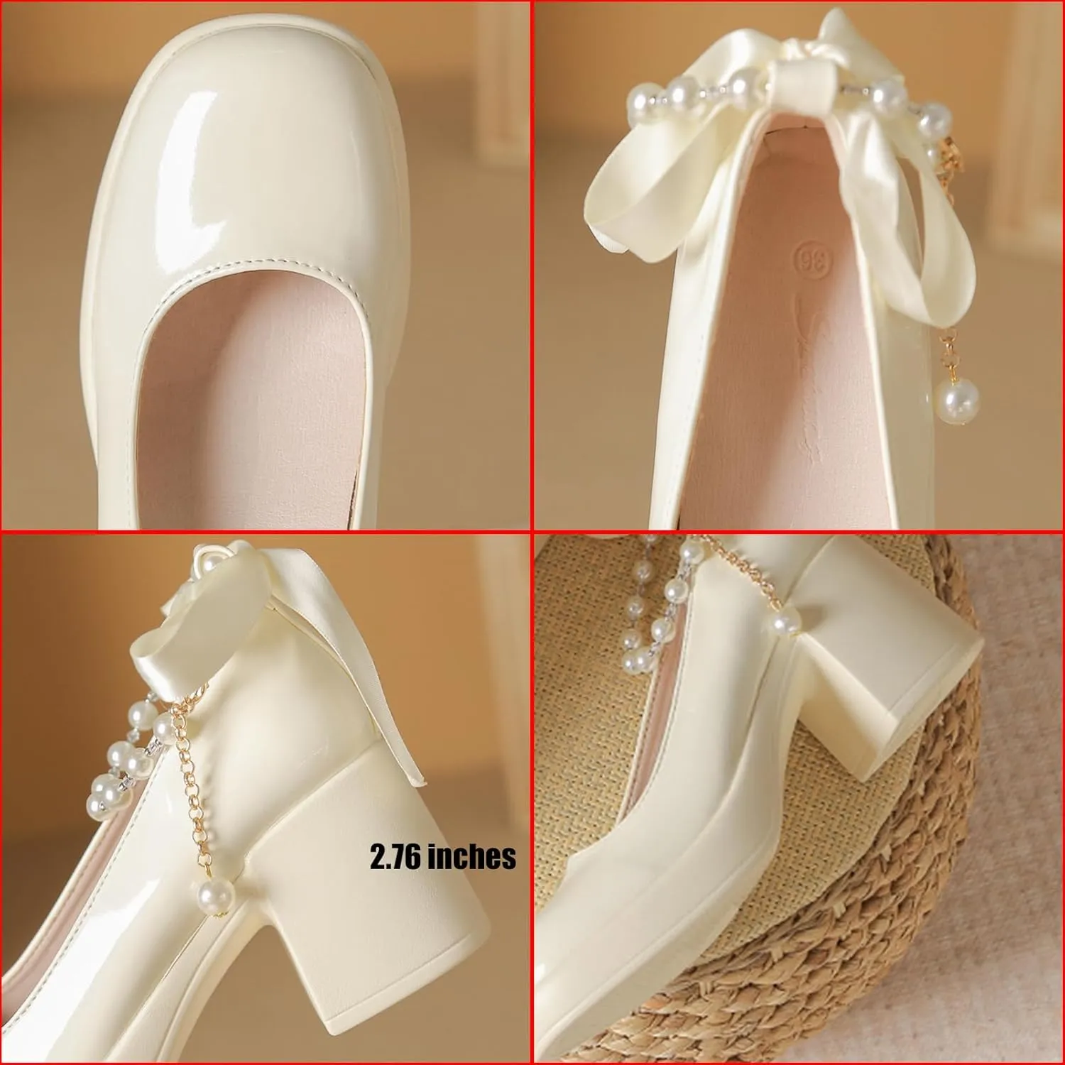 Women's Patent Leather Ribbon Bow Chunky Heel Pumps with Pearl Ankle Strap Fashion Round Toe Shallow Mouth High Block Heels Comfortable Casual Business Wedding Dress Shoes