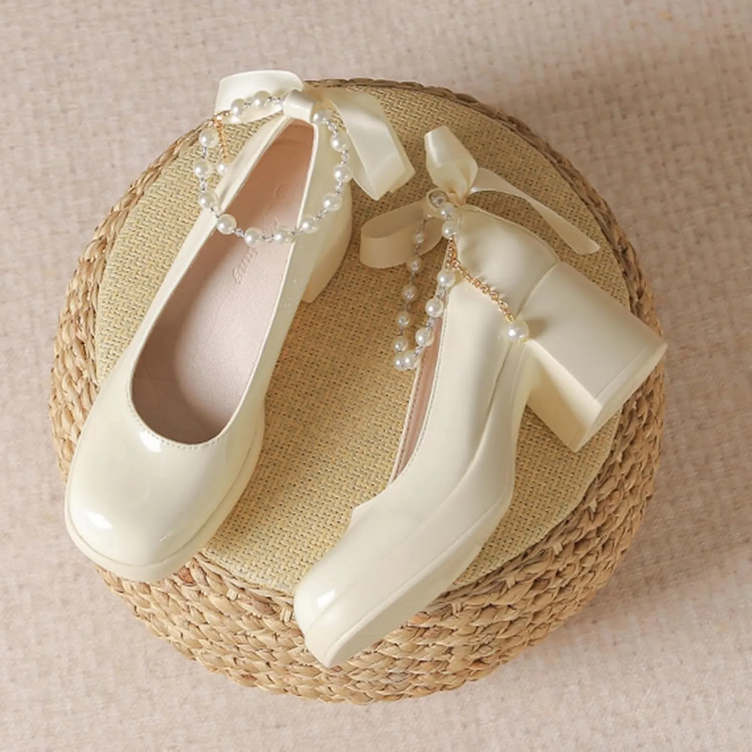 Women's Patent Leather Ribbon Bow Chunky Heel Pumps with Pearl Ankle Strap Fashion Round Toe Shallow Mouth High Block Heels Comfortable Casual Business Wedding Dress Shoes