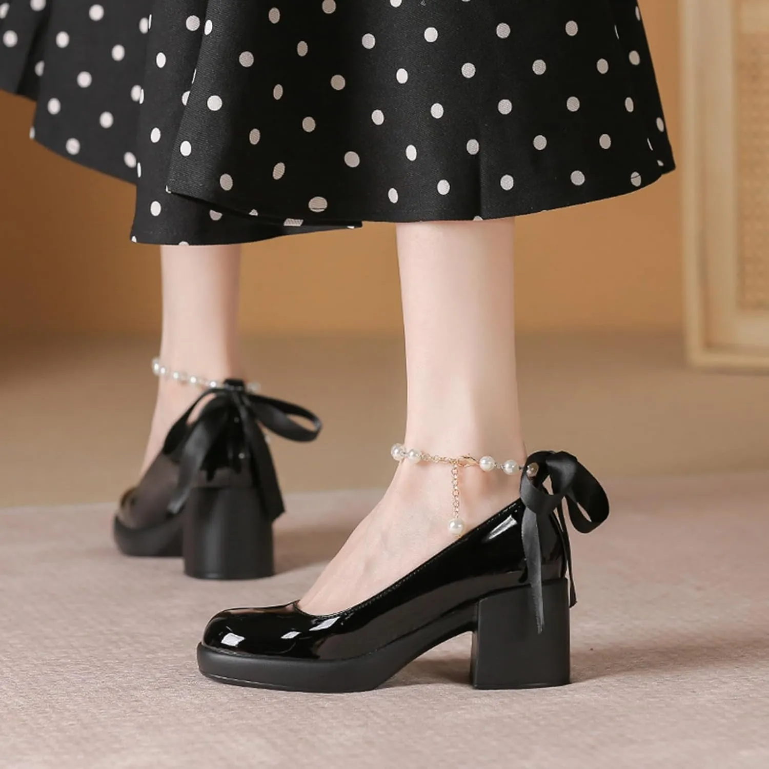 Women's Patent Leather Ribbon Bow Chunky Heel Pumps with Pearl Ankle Strap Fashion Round Toe Shallow Mouth High Block Heels Comfortable Casual Business Wedding Dress Shoes