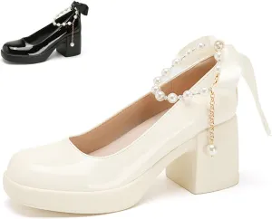 Women's Patent Leather Ribbon Bow Chunky Heel Pumps with Pearl Ankle Strap Fashion Round Toe Shallow Mouth High Block Heels Comfortable Casual Business Wedding Dress Shoes