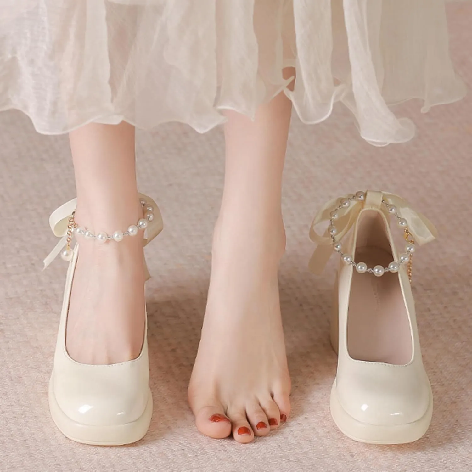 Women's Patent Leather Ribbon Bow Chunky Heel Pumps with Pearl Ankle Strap Fashion Round Toe Shallow Mouth High Block Heels Comfortable Casual Business Wedding Dress Shoes