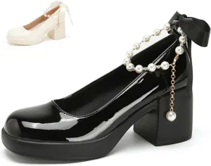 Women's Patent Leather Ribbon Bow Chunky Heel Pumps with Pearl Ankle Strap Fashion Round Toe Shallow Mouth High Block Heels Comfortable Casual Business Wedding Dress Shoes