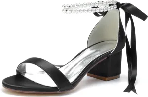 Women's Pearl Wedding Shoes for Bride - Low Block Heels Satin Bridal Prom Party Shoes 702-27