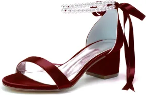 Women's Pearl Wedding Shoes for Bride - Low Block Heels Satin Bridal Prom Party Shoes 702-27