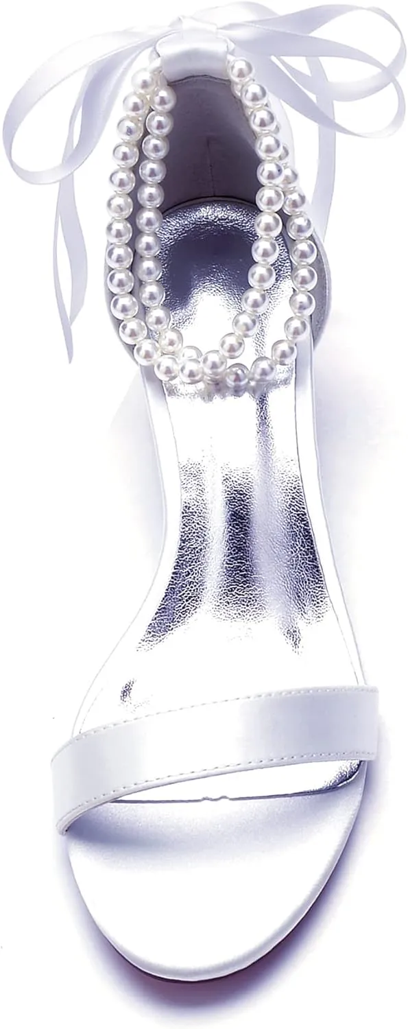 Women's Pearl Wedding Shoes for Bride - Low Block Heels Satin Bridal Prom Party Shoes 702-27