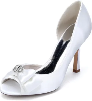 Women's Peep Bowknot 9.5CM Fish Mouth Open Toe Bridal Shoes Rhinestone Ankle Strap Pumps Slip-On Sandals Mid Heel Party Wedding Dress Shoes