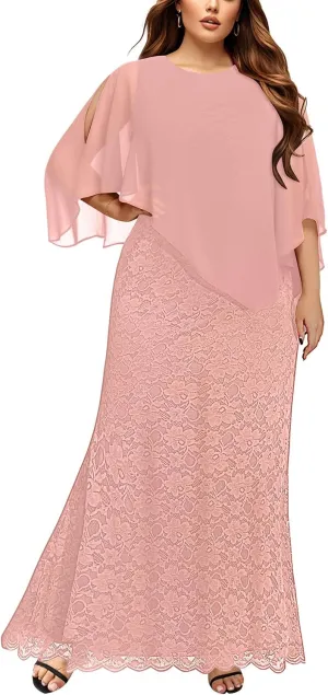 Women's Plus Size Cape Dress with Chiffon Overlay Gown Formal Evening Lace Long Mermaid Dresses 2025