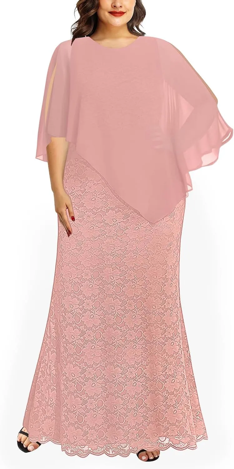 Women's Plus Size Cape Dress with Chiffon Overlay Gown Formal Evening Lace Long Mermaid Dresses 2025