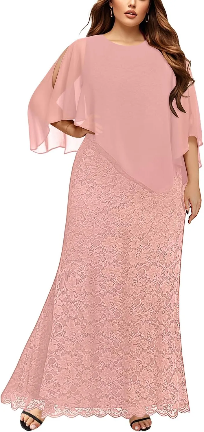 Women's Plus Size Cape Dress with Chiffon Overlay Gown Formal Evening Lace Long Mermaid Dresses 2025
