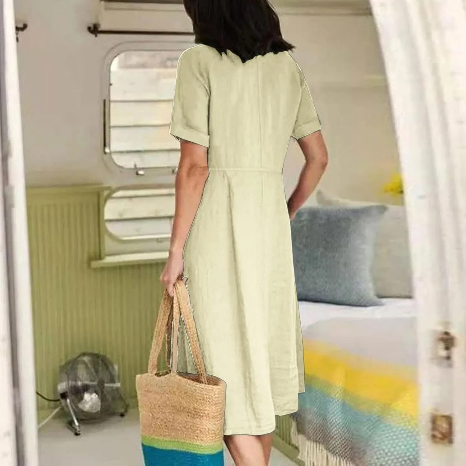 Womens Plus Size Cotton Linen Summer Dress Casual V-Neck Solid Short Sleeve Button Pocket T-Shirt Dress