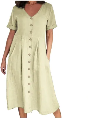 Womens Plus Size Cotton Linen Summer Dress Casual V-Neck Solid Short Sleeve Button Pocket T-Shirt Dress