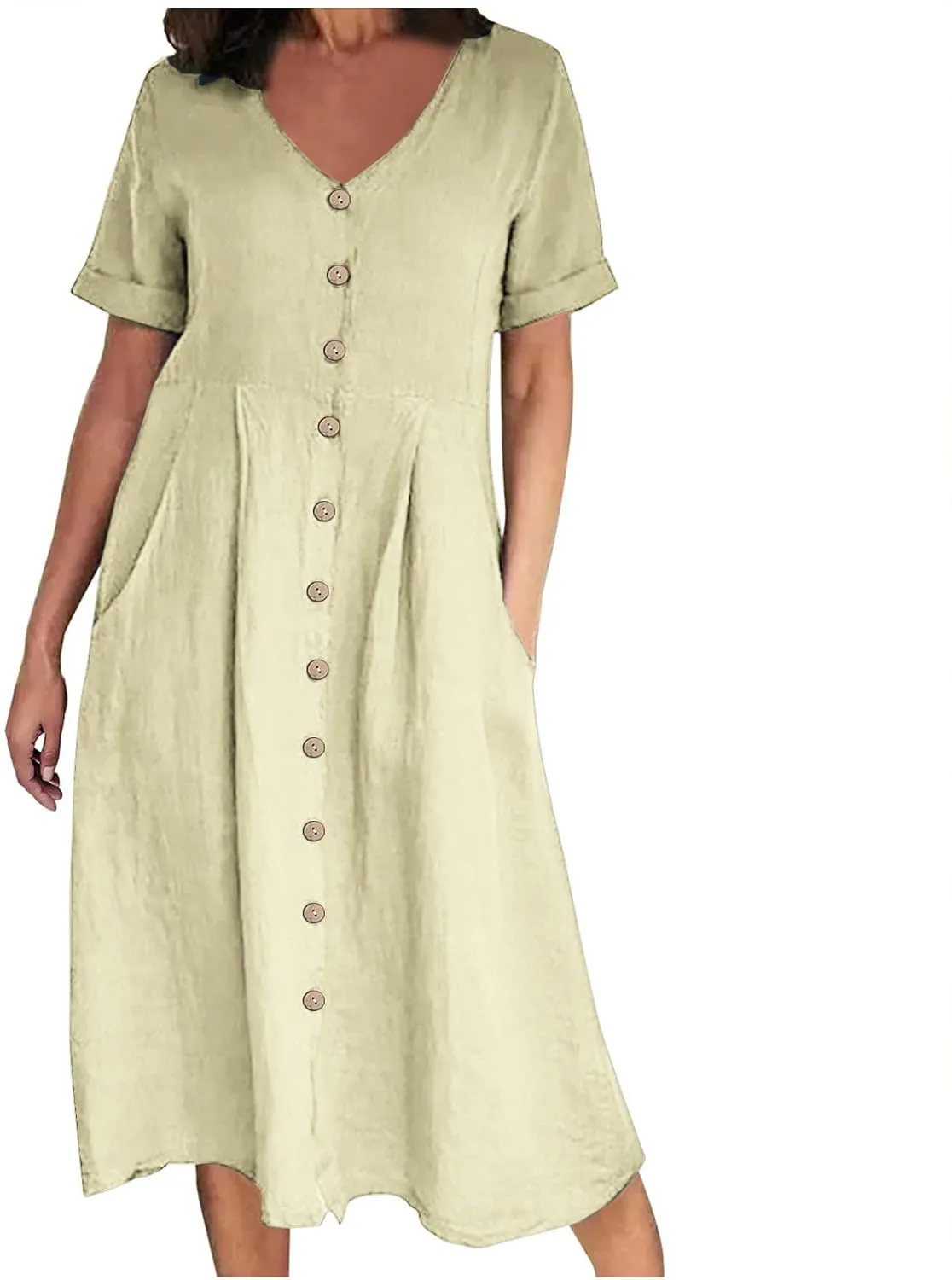 Womens Plus Size Cotton Linen Summer Dress Casual V-Neck Solid Short Sleeve Button Pocket T-Shirt Dress