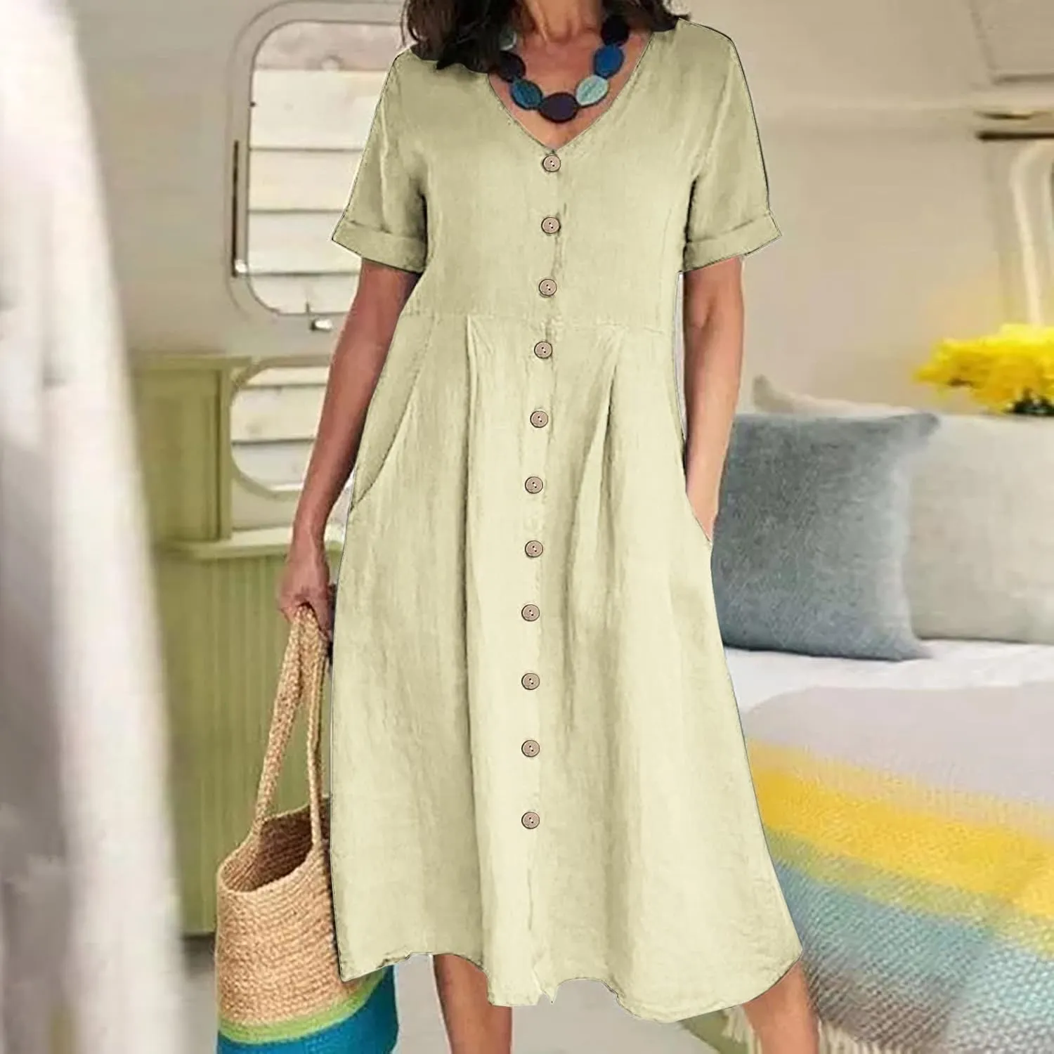 Womens Plus Size Cotton Linen Summer Dress Casual V-Neck Solid Short Sleeve Button Pocket T-Shirt Dress