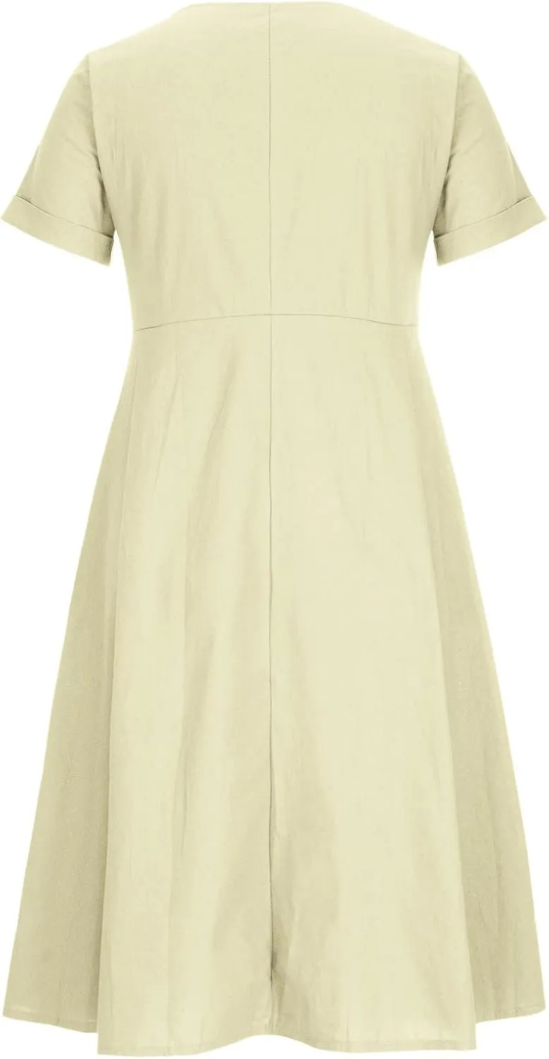 Womens Plus Size Cotton Linen Summer Dress Casual V-Neck Solid Short Sleeve Button Pocket T-Shirt Dress