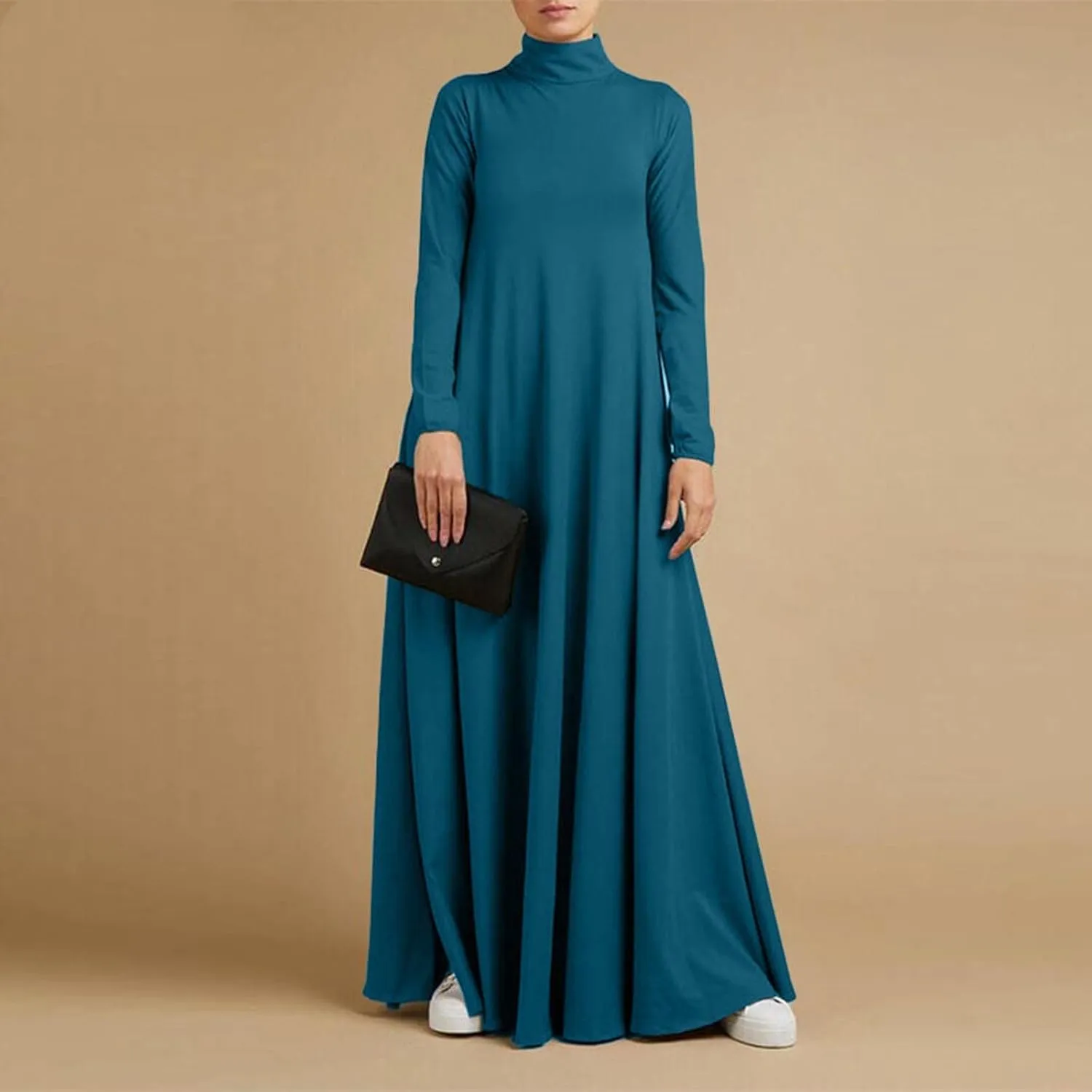 Women's Plus Size Dresses Fall High Neck A Line Swing Pleated Solid Dress Long Sleeve Comfortable Flowy Maxi Dresses