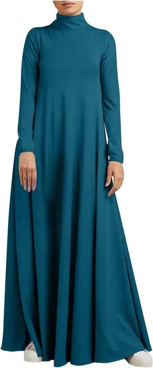 Women's Plus Size Dresses Fall High Neck A Line Swing Pleated Solid Dress Long Sleeve Comfortable Flowy Maxi Dresses