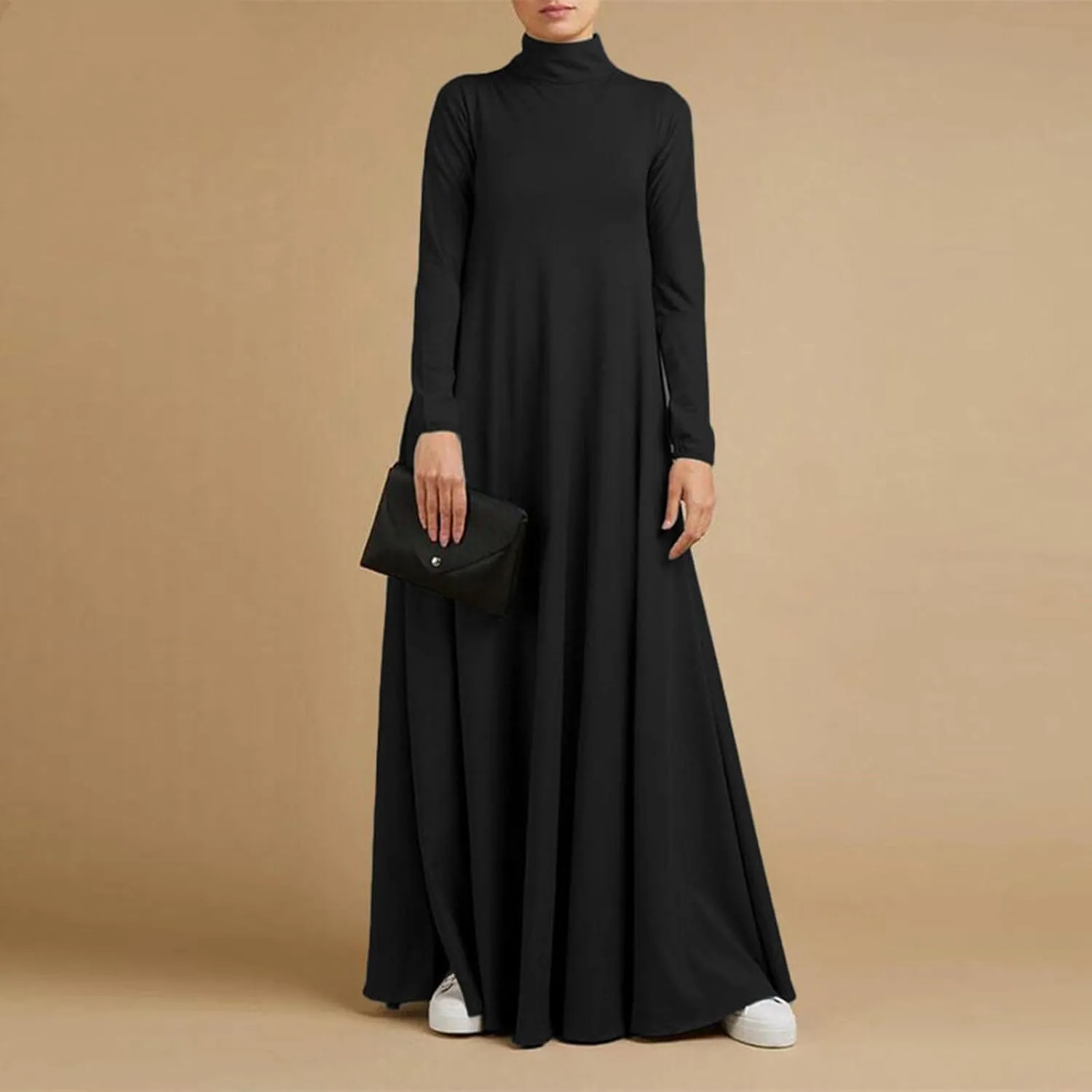 Women's Plus Size Dresses Fall High Neck A Line Swing Pleated Solid Dress Long Sleeve Comfortable Flowy Maxi Dresses