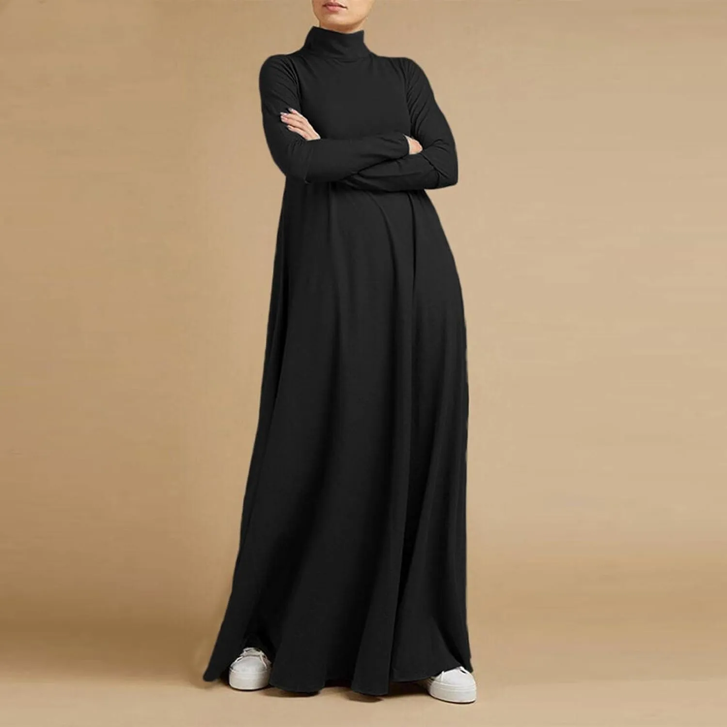 Women's Plus Size Dresses Fall High Neck A Line Swing Pleated Solid Dress Long Sleeve Comfortable Flowy Maxi Dresses