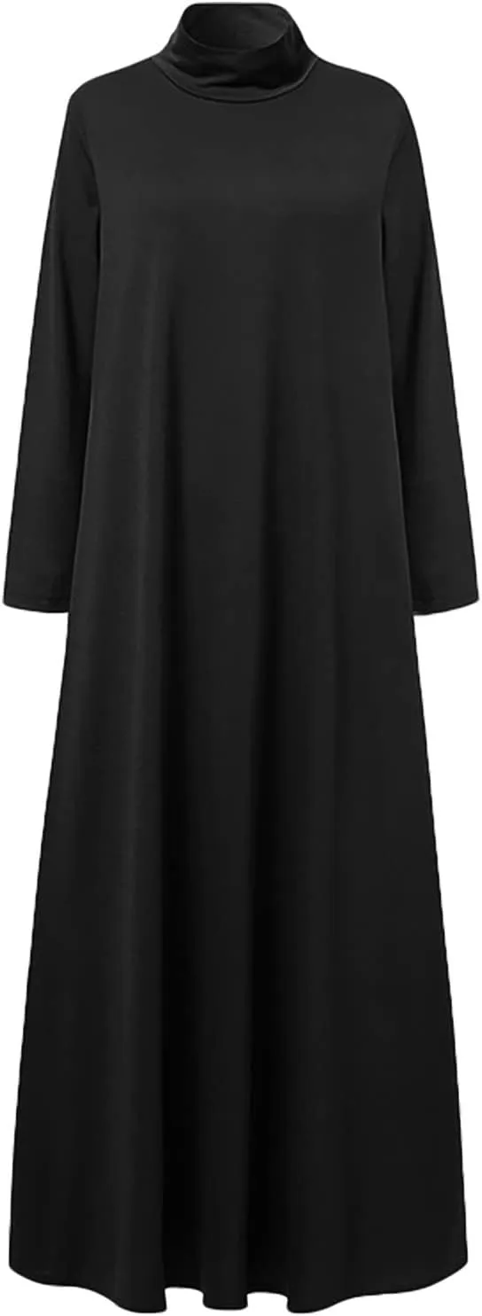 Women's Plus Size Dresses Fall High Neck A Line Swing Pleated Solid Dress Long Sleeve Comfortable Flowy Maxi Dresses
