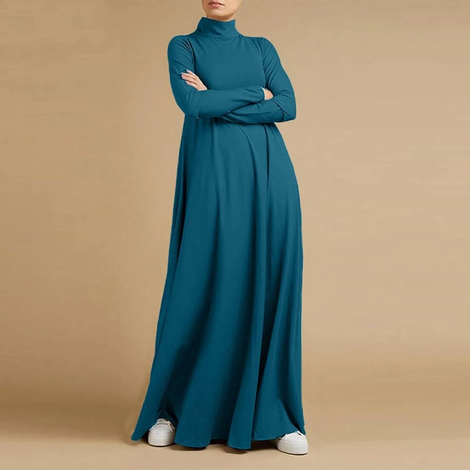 Women's Plus Size Dresses Fall High Neck A Line Swing Pleated Solid Dress Long Sleeve Comfortable Flowy Maxi Dresses