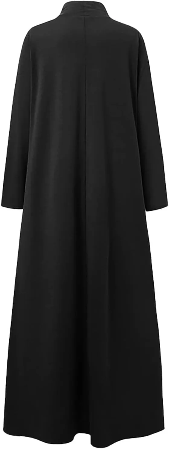 Women's Plus Size Dresses Fall High Neck A Line Swing Pleated Solid Dress Long Sleeve Comfortable Flowy Maxi Dresses
