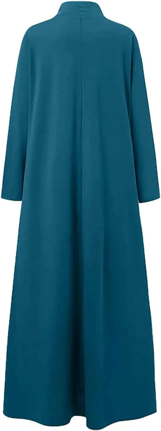 Women's Plus Size Dresses Fall High Neck A Line Swing Pleated Solid Dress Long Sleeve Comfortable Flowy Maxi Dresses