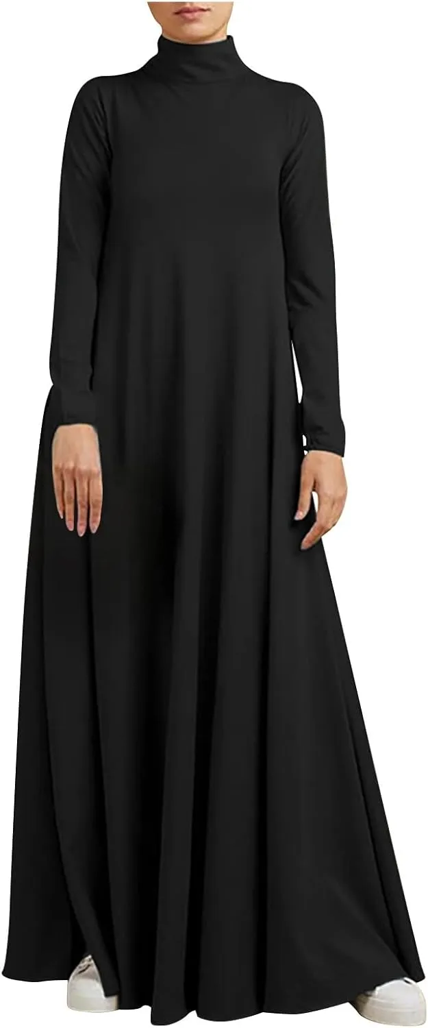 Women's Plus Size Dresses Fall High Neck A Line Swing Pleated Solid Dress Long Sleeve Comfortable Flowy Maxi Dresses