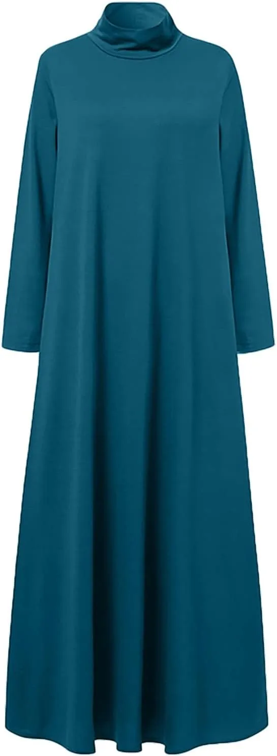 Women's Plus Size Dresses Fall High Neck A Line Swing Pleated Solid Dress Long Sleeve Comfortable Flowy Maxi Dresses