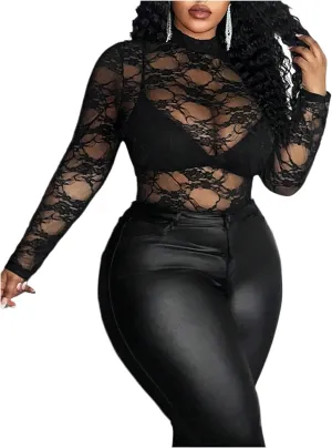 Women's Plus Size Lace Sheer Mesh Tops Mock Neck Long Sleeve See Through T Shirts Going Out Clubwear