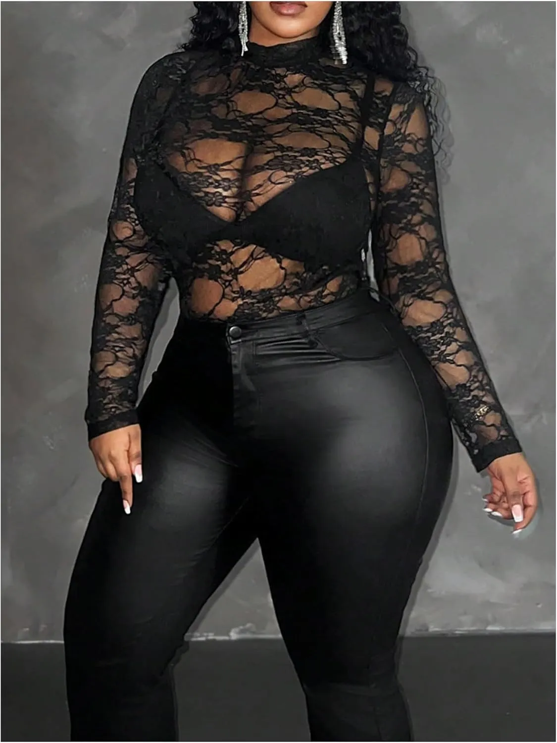 Women's Plus Size Lace Sheer Mesh Tops Mock Neck Long Sleeve See Through T Shirts Going Out Clubwear
