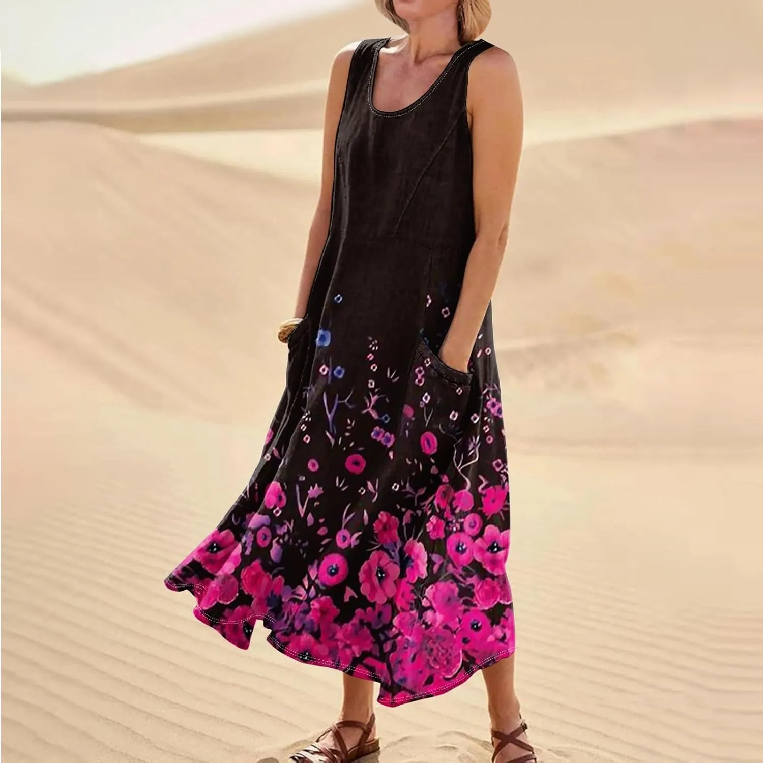Womens Plus Size Summer Dresses 2025 Gradient Ombre Trendy Casual Vacation Sleeveless Boho Tank Midi Pockets Sundresses