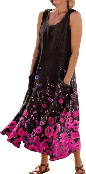 Womens Plus Size Summer Dresses 2025 Gradient Ombre Trendy Casual Vacation Sleeveless Boho Tank Midi Pockets Sundresses
