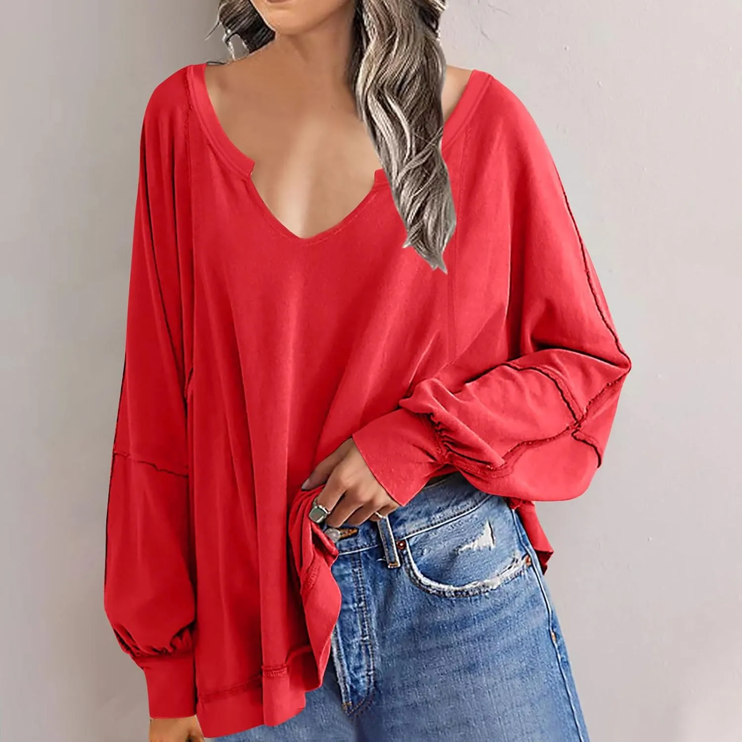 Womens Plus Size Tops Elegant Sexy Long Sleeve V Neck Causal Shirts Fashion Solid Asymmetrical Hem Blouse Spring Tops