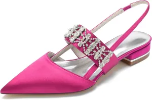Womens Pointed Toe Wedding Flats Crystal Slingback Satin Prom Evening Bridal Party Dress Flats