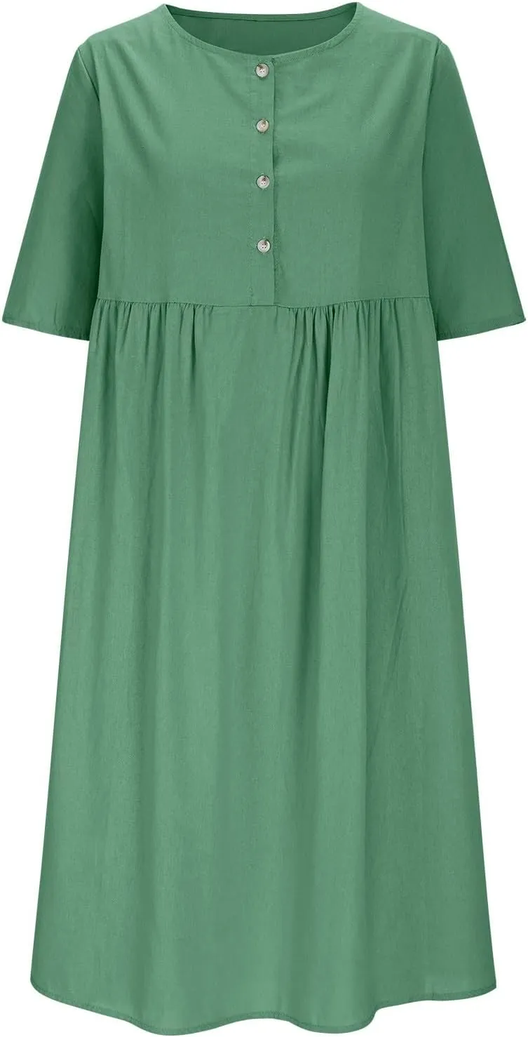 Women's Ravishing Button Down Dress Stylish Crew Neck Midi Skirt Slimming Waist Big Flowy Hem Dresses Party Concert