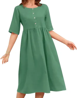Women's Ravishing Button Down Dress Stylish Crew Neck Midi Skirt Slimming Waist Big Flowy Hem Dresses Party Concert