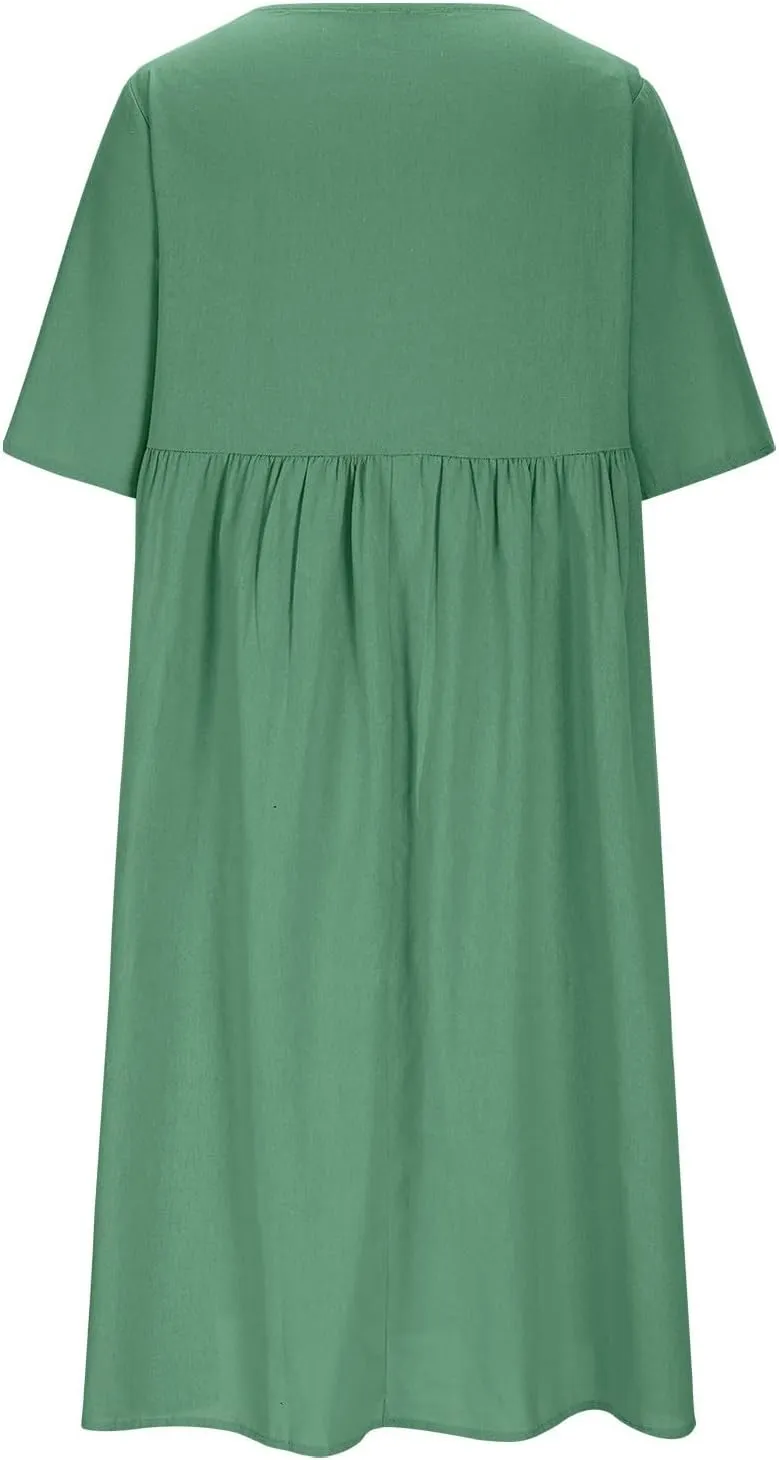Women's Ravishing Button Down Dress Stylish Crew Neck Midi Skirt Slimming Waist Big Flowy Hem Dresses Party Concert