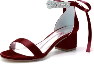 Women's Rhinestones Block Heels Satin Wedding Shoes for Bride Low Heels Comfortable Bridal Shoes White Heels Chunky Formal Evening Party Prom Sandals Pumps