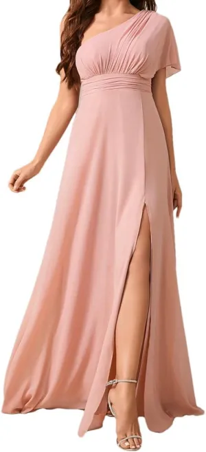 Women's Ruched Waist High Slit Chiffon One Shoulder Bridesmaid Dress